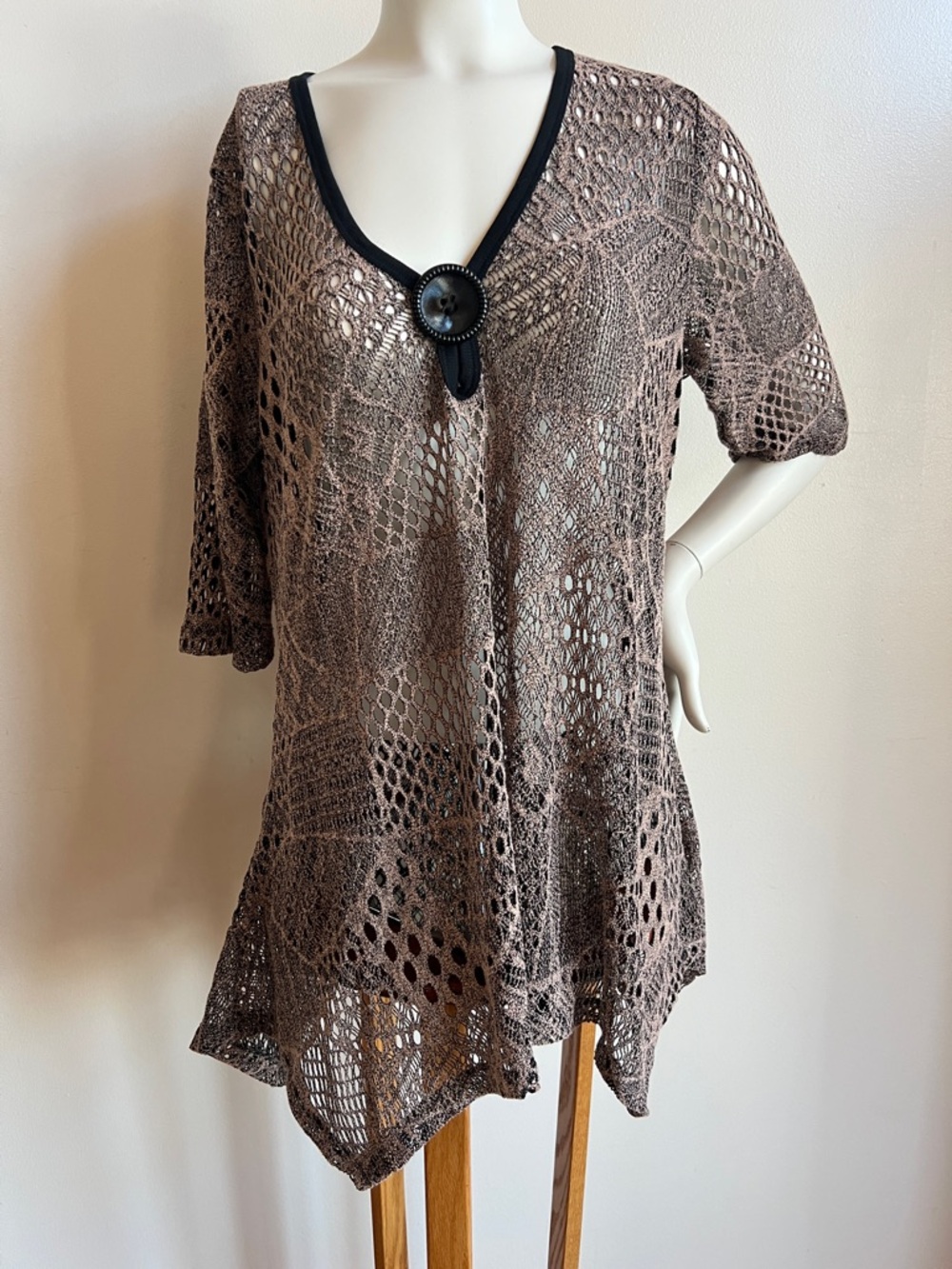 Lily Brown Crochet Tunic lagenlook with Black Trim & Button